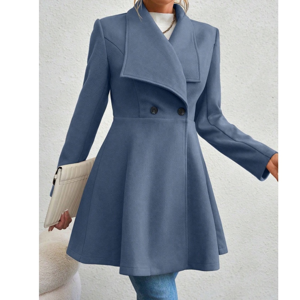 Classic Wide Collar Flare Hem Button Oversized Pea Coat - Picture 5 of 13
